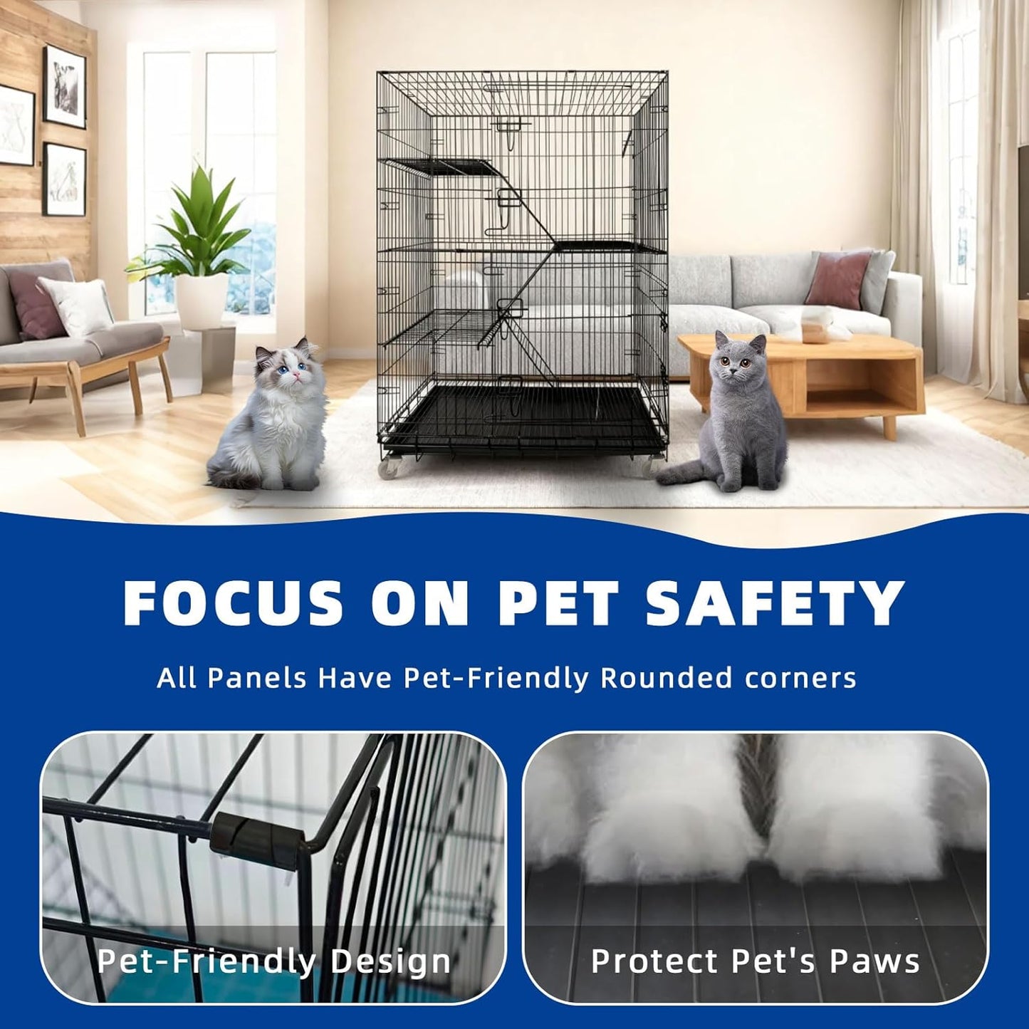 Cat Cage Large 4-Tier Indoor Cat Enclosure with Removable Tray & 2 Ladders, Foldable Metal Wire Cat Playpen with 360° Wheels, for 1-2 Cats & Small Pets, 35.4" L × 22.4" W × 49.2" H (Black