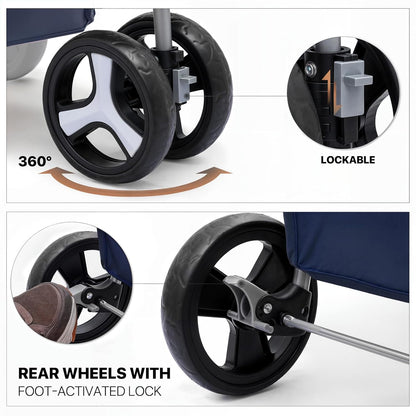 MoNiBloom 3 Wheels Pet Stroller, Foldable Dog Cat Cage Jogger Stroller with Weather Cover for All-Season, Storage Basket and Cup Holder, Breathable and Visible Mesh for Small/Medium Pets, Blue