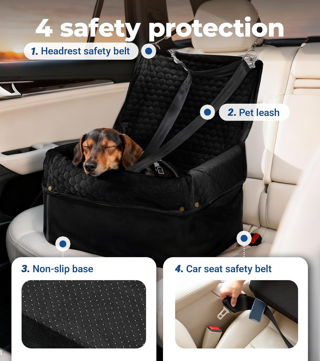 Dog Car Seat for Small Medium Dogs, Travel Pet Car Bed with Removable Waterproof Cover, Memory Foam Dog Booster Seats Up to 35 lbs, Safety Belt and Storage Pocket(Black)