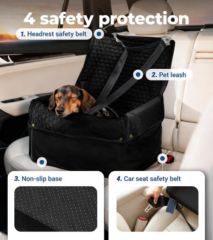Dog Car Seat for Small Medium Dogs, Travel Pet Car Bed with Removable Waterproof Cover, Memory Foam Dog Booster Seats Up to 35 lbs, Safety Belt and Storage Pocket(Black)
