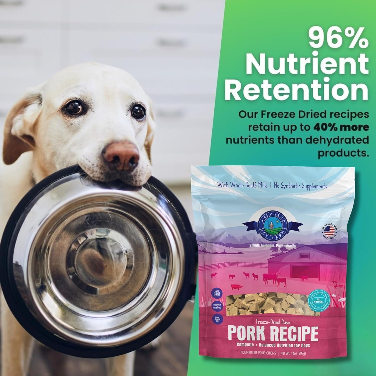 Shepherd Boy Farms Freeze Dried Raw Dog Food, Pork Recipe, All Natural, No Synthetics, Made in USA with Goat's Milk & Organic Produce, High Protein, Complete Meal (48oz)