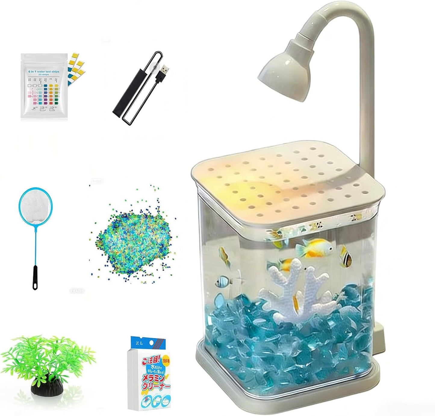 Betta Isolation & Breeding Starter Kit - 0.6Gallon Small Desktop Aquarium with LED Light, Heater, Clean Sponge, Plants, Luminous Stones, 6-in-1 Test Strips - for Betta Fish, Small Fish, Shrimp
