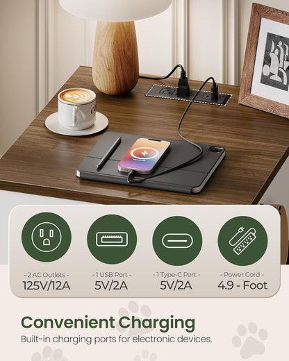 Dog Crate Furniture, Wooden Dog House with Charging Station and Storage Drawer, Indoor Pet Crate End Table for Small Breeds, Dog Kennel for Living Room, Bedroom, White and Walnut MGW01UWL