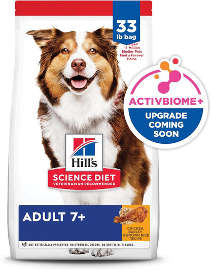 Hill's Science Diet Adult 7+, Senior Adult 7+ Premium Nutrition, Dry Dog Food, Chicken, Brown Rice, & Barley, 33 lb Bag