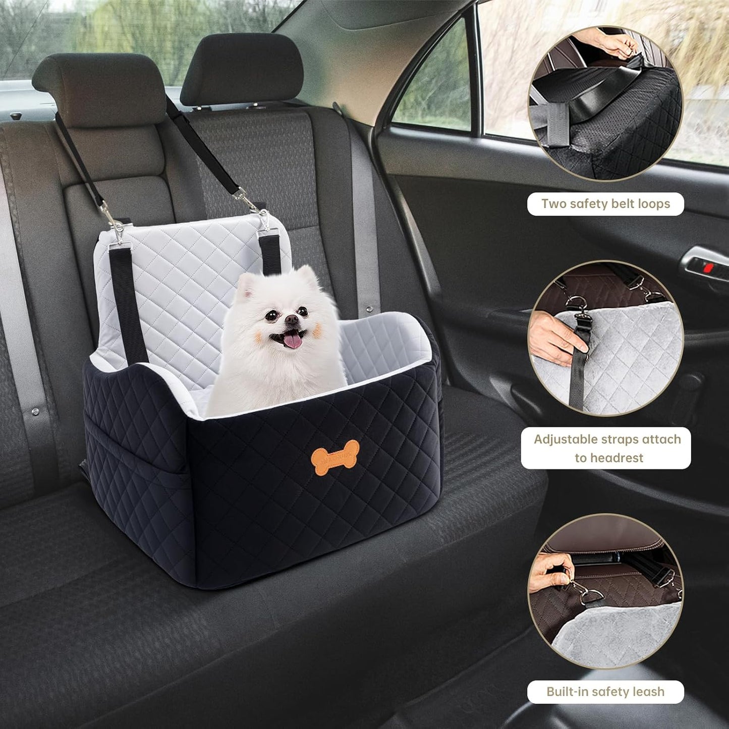 Dog Car Seat for Small Dogs, Dog Booster Seat Filling in Thick Memory Foam with 2 Safety Leashes and Storage Pocket, Suitable for Pet Under 30lb or 2 Puppies (Grey/Black)
