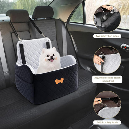 Dog Car Seat for Small Dogs, Dog Booster Seat Filling in Thick Memory Foam with 2 Safety Leashes and Storage Pocket, Suitable for Pet Under 30lb or 2 Puppies (Grey/Black)