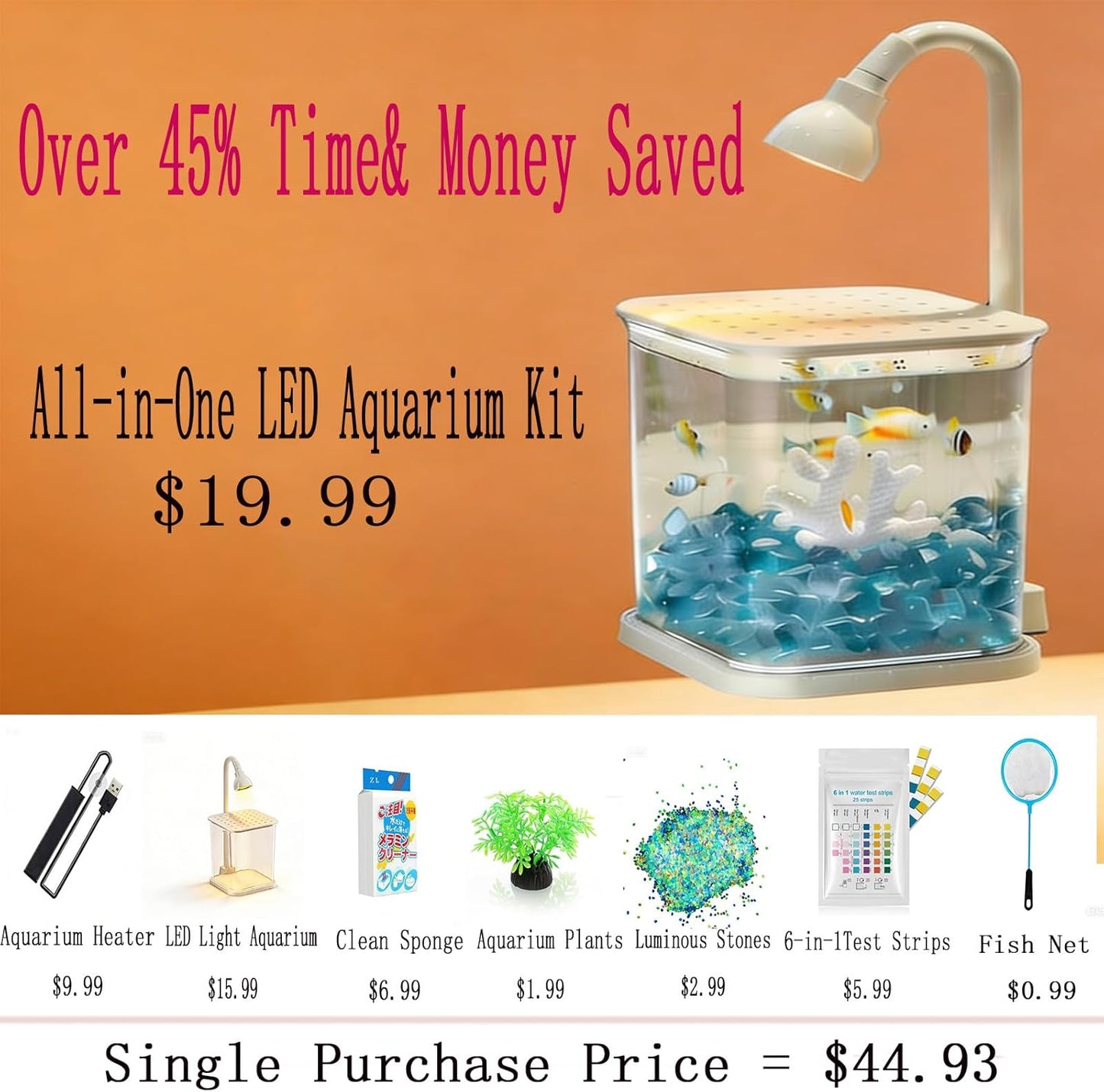 Betta Isolation & Breeding Starter Kit - 0.6Gallon Small Desktop Aquarium with LED Light, Heater, Clean Sponge, Plants, Luminous Stones, 6-in-1 Test Strips - for Betta Fish, Small Fish, Shrimp