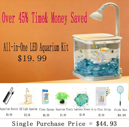 Betta Isolation & Breeding Starter Kit - 0.6Gallon Small Desktop Aquarium with LED Light, Heater, Clean Sponge, Plants, Luminous Stones, 6-in-1 Test Strips - for Betta Fish, Small Fish, Shrimp