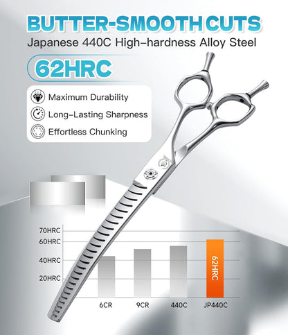 Fenice Peak Professional Dog Grooming Scissors for Thick Coated Dogs - 7 Inch Curved Chunker Shears with 85% Thinning, JP440C Stainless Steel & 25°Blade for Professional Hair Trimming