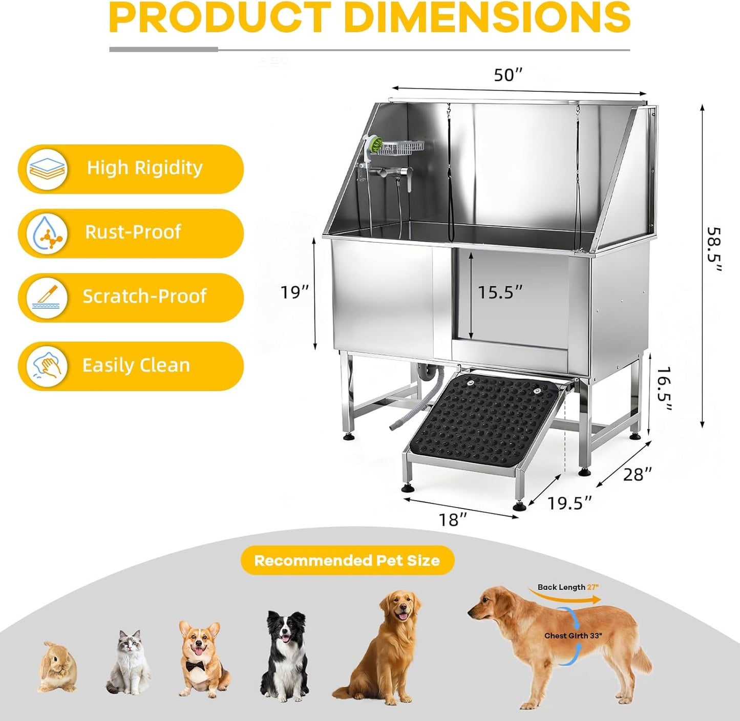 50" Dog Bathtub Professional 304 Stainless Steel – Right Door/Ramp, Faucet & Floor Grate, Pet Grooming Washing Station for Large/Medium/Small Pets