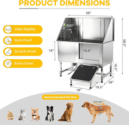 50" Dog Bathtub Professional 304 Stainless Steel – Right Door/Ramp, Faucet & Floor Grate, Pet Grooming Washing Station for Large/Medium/Small Pets