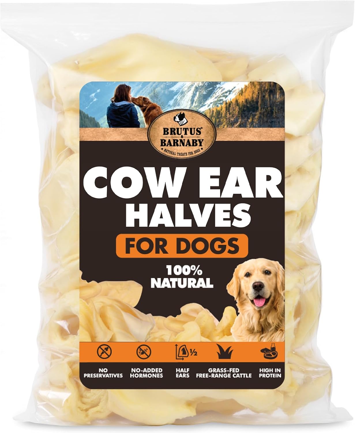 BRUTUS & BARNABY Cow Ears for Dogs – Halves 30 ct, Thick Cut, Grass-Fed Angus Beef, All-Natural No-Rawhide Dog Treat Alternative