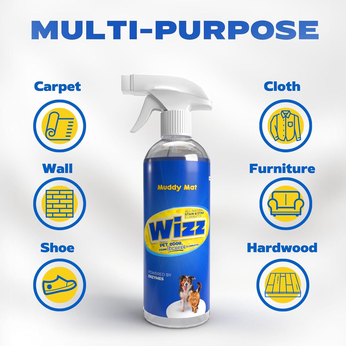 Muddy Mat® Wizz Stain & Odor Remover for strong odor of Cat & Dog Pee Cleaner, Pet urine odor eliminator, Remove strain and Odor from carpets, fabric, clothing, furniture & Pets - 24oz Spray