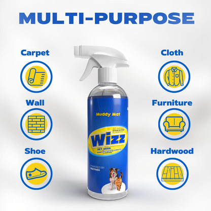 Muddy Mat® Wizz Stain & Odor Remover for strong odor of Cat & Dog Pee Cleaner, Pet urine odor eliminator, Remove strain and Odor from carpets, fabric, clothing, furniture & Pets - 24oz Spray