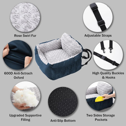 Dog Car Seat for Small Dogs, Washable Pet Booster Seats for Car with Clip-On Safety Leash, Reversible Puppy Carseat with Storage Pockets, Travel Carrier Bed for Dogs Under 25 lbs, Blue