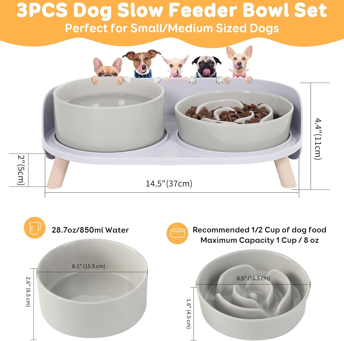 Dog Food and Water Bowl Set - Ceramic Slow Feeder Bowl & Raised Double Dish with Splash-Proof Stand - Feeding Combo for Medium Dogs