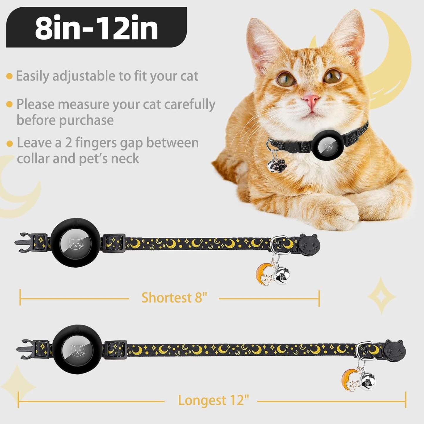 PUPTECK Airtag Cat Collar Breakaway 2 Pack with Bells, Reflective Kitten Collar with Air Tag Holder for Boy Girl Kitty and Puppies, Soft, Black