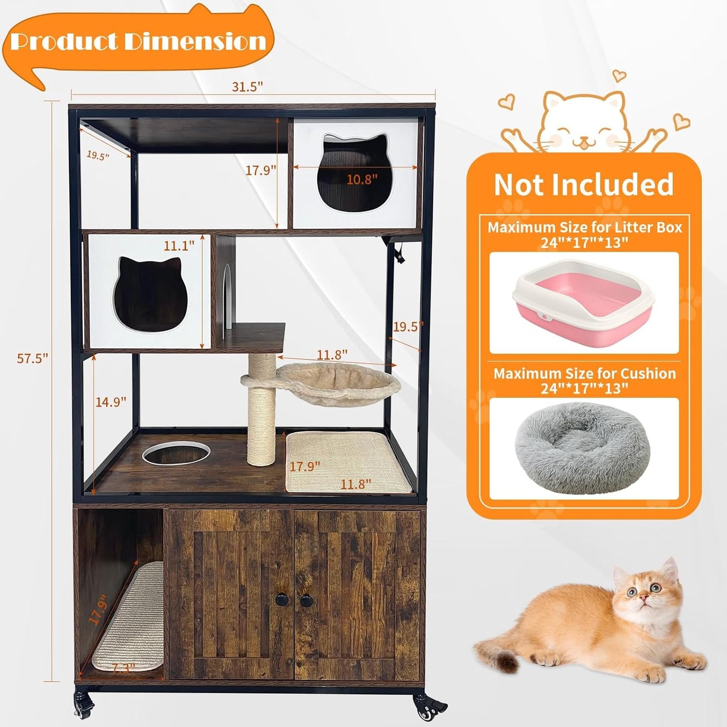 Cat Tower with Litter Box Enclosure, Wooden Hidden Litter Box Cat Tree Cabinet on Wheels with Condo, Hammock and Scratching Post, Dog Proof Cats Washroom Furniture