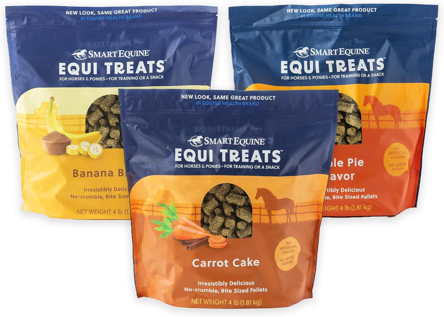Equi Treats | High-Fiber Horse Treats | Low ESC & Starch | Bite-Sized | No Added Sugar | Bundle of 3 Bags, 4 LB Each: Banana Bread, Carrot Cake, and Apple Pie