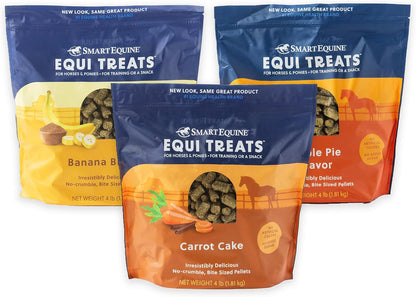 Equi Treats | High-Fiber Horse Treats | Low ESC & Starch | Bite-Sized | No Added Sugar | Bundle of 3 Bags, 4 LB Each: Banana Bread, Carrot Cake, and Apple Pie