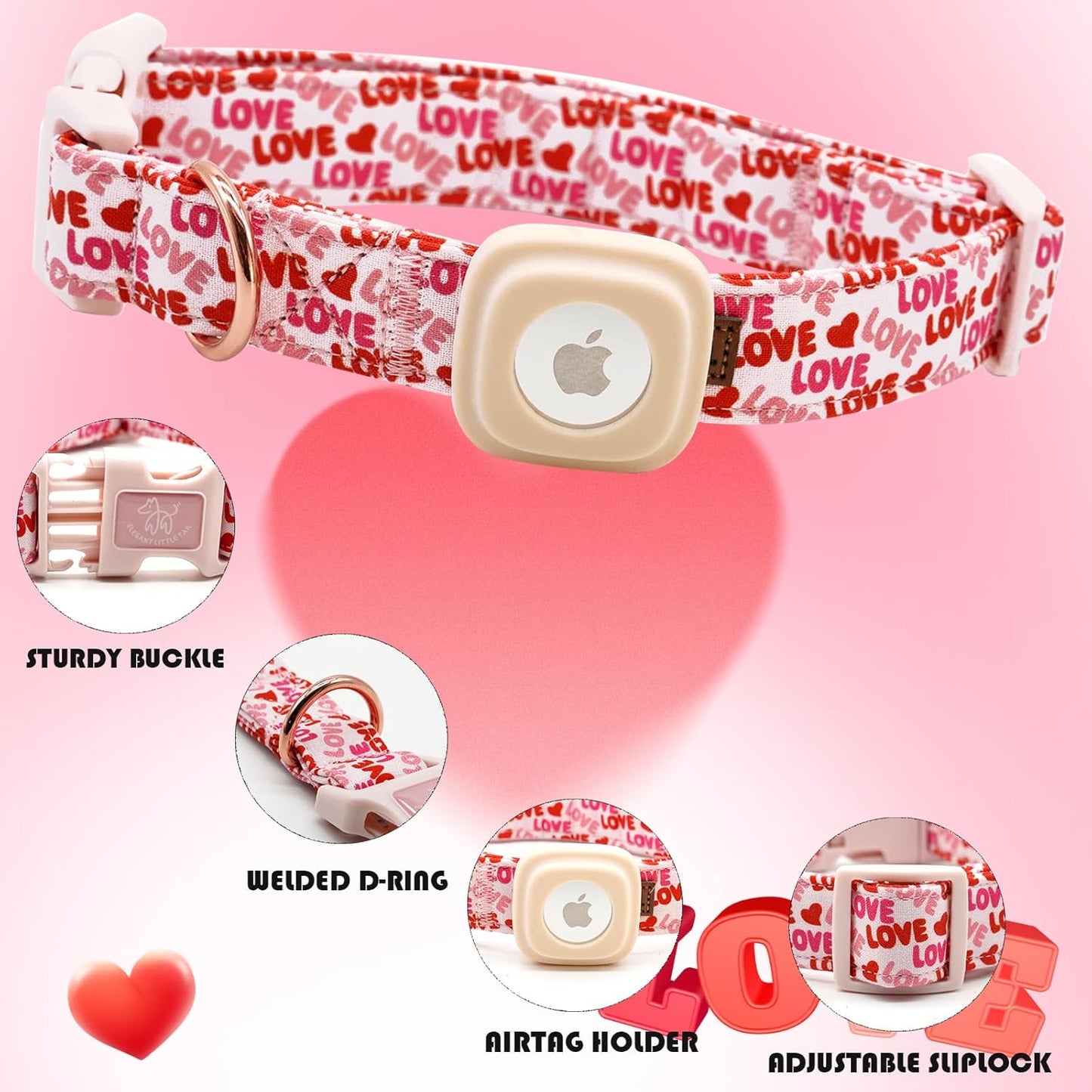 Elegant little tail Airtag Dog Collar, Valentine's Dog Collar Pet with Airtag Holder Heart Pet Collar Dog Girl Boy Puppy Collar Adjustable Dog Collars for Medium Dogs