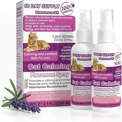 Cat Calming Pheromone Spray, Feline Calm Pheromones Spray- Anti Anxiety Pet Products, Cats Reduces Scratching Furniture Peeing Marking Calming Cat for Travel, Vet Visits - 60 Day Kit (2 * 60 mL)