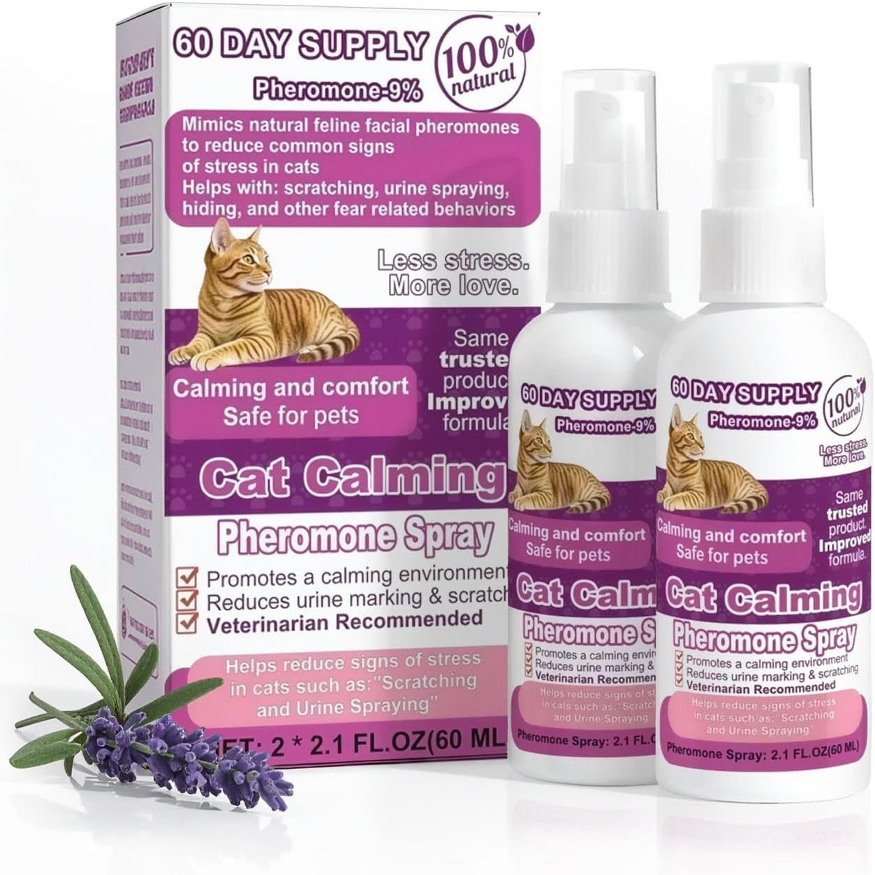 Cat Calming Pheromone Spray, Feline Calm Pheromones Spray- Anti Anxiety Pet Products, Cats Reduces Scratching Furniture Peeing Marking Calming Cat for Travel, Vet Visits - 60 Day Kit (2 * 60 mL)