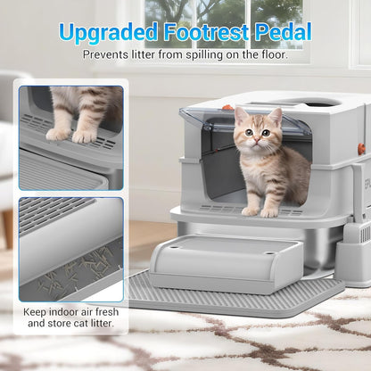 Stainless Steel Cat Litter Box, Enclosed Top Entry with 180° Flip Lid, XL Large Anti-Leak Litter Pan for Big Cats, Odor-Proof & Easy Clean, Includes Scoop (Grey)