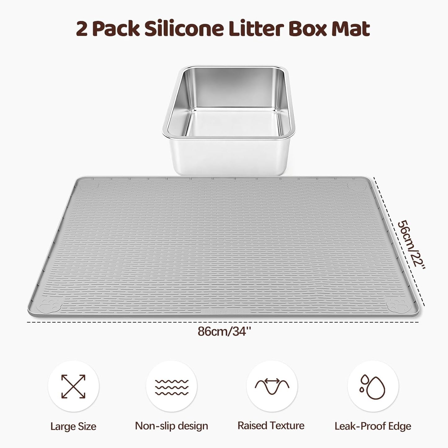 Cat Litter Mat, 2 Pack Large 34" x 22" Silicone Mat Litter Trapping Mat for Scatter Control, Soft on Kitty Paws, Easy to Clean (Light Grey)