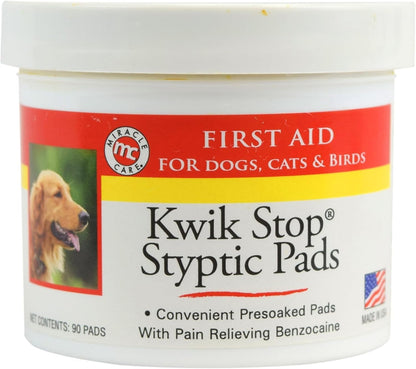 Miracle Care Kwik Stop Styptic Pads for Dogs, Cats and Birds, 90 Pre-Soaked Pads, Fast Acting Blood Stop with Pain Relieving Benzocaine