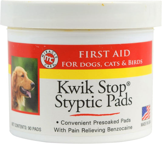 Miracle Care Kwik Stop Styptic Pads for Dogs, Cats and Birds, 90 Pre-Soaked Pads, Fast Acting Blood Stop with Pain Relieving Benzocaine
