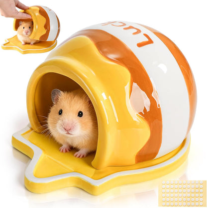 Ceramic Hamster Hideout, Small Pet Hideaway House, Guinea Pig Habitat Decor, Cute Syrian Hut, Chinchilla Cage Accessories for Dwarf Hamsters, Mice, Rats, Toads, Gerbils (Honey Shape)
