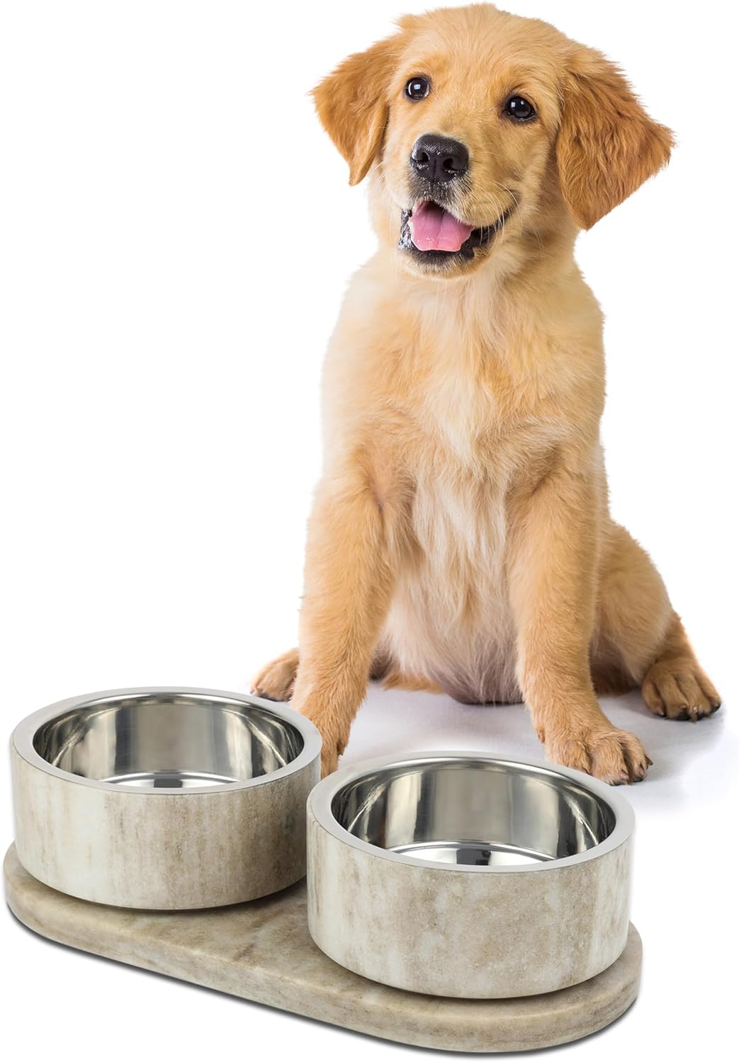 DBL1000E Marbre Small/Medium Modern Weighted Double Marble and Stainless Steel Bowl 12oz (1.5 Cups) Feeder with Non-Slip Marble Tray Set, Gray/Brown