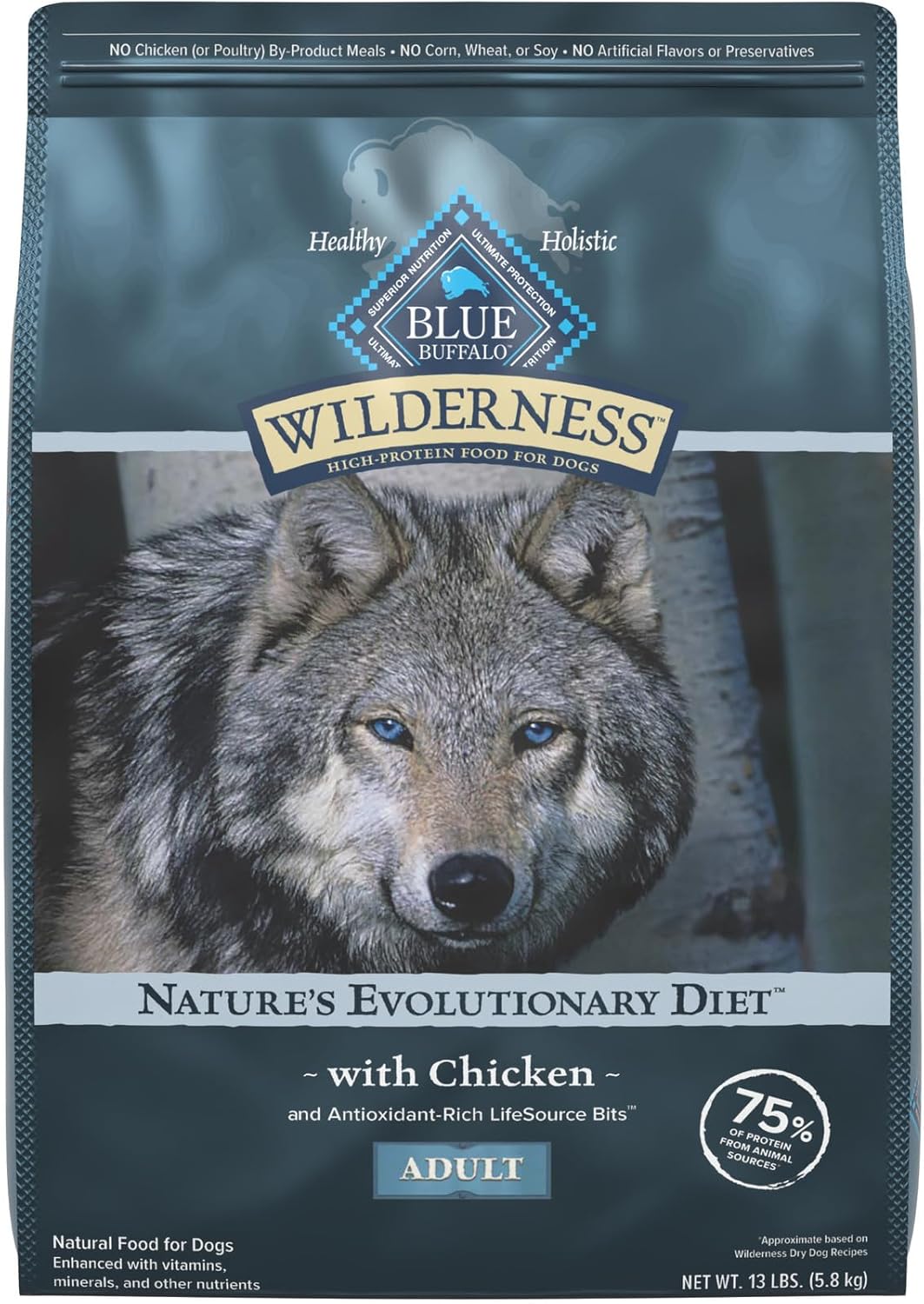 Blue Buffalo Wilderness Natural High-Protein Dry Food for Adult Dogs, Chicken Recipe, 13-lb. Bag