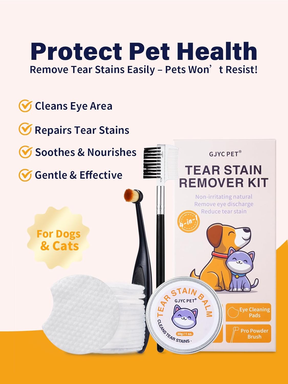 Eye Lube Plus Tear Stain Remover for Dogs and Cats – Upgraded 4 in 1 Eye Cleaning Care Set [New & Improved] with Balm, Comb, Brush & Cotton Pads – Gently Helps Clean & Reduce Stains
