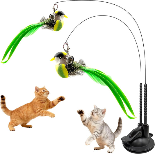 Walfront Cat Toy Interactive Teaser Wand with Green Bird Attachment,Dual-Head Suction Cup Base, Durable Replaceable Feather Lure for Independent Play or Interactive Bonding with Indoor Cats & Kittens