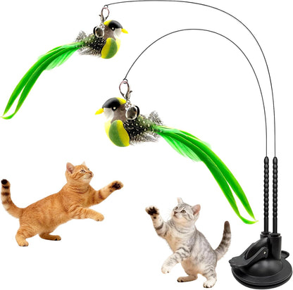Walfront Cat Toy Interactive Teaser Wand with Green Bird Attachment,Dual-Head Suction Cup Base, Durable Replaceable Feather Lure for Independent Play or Interactive Bonding with Indoor Cats & Kittens