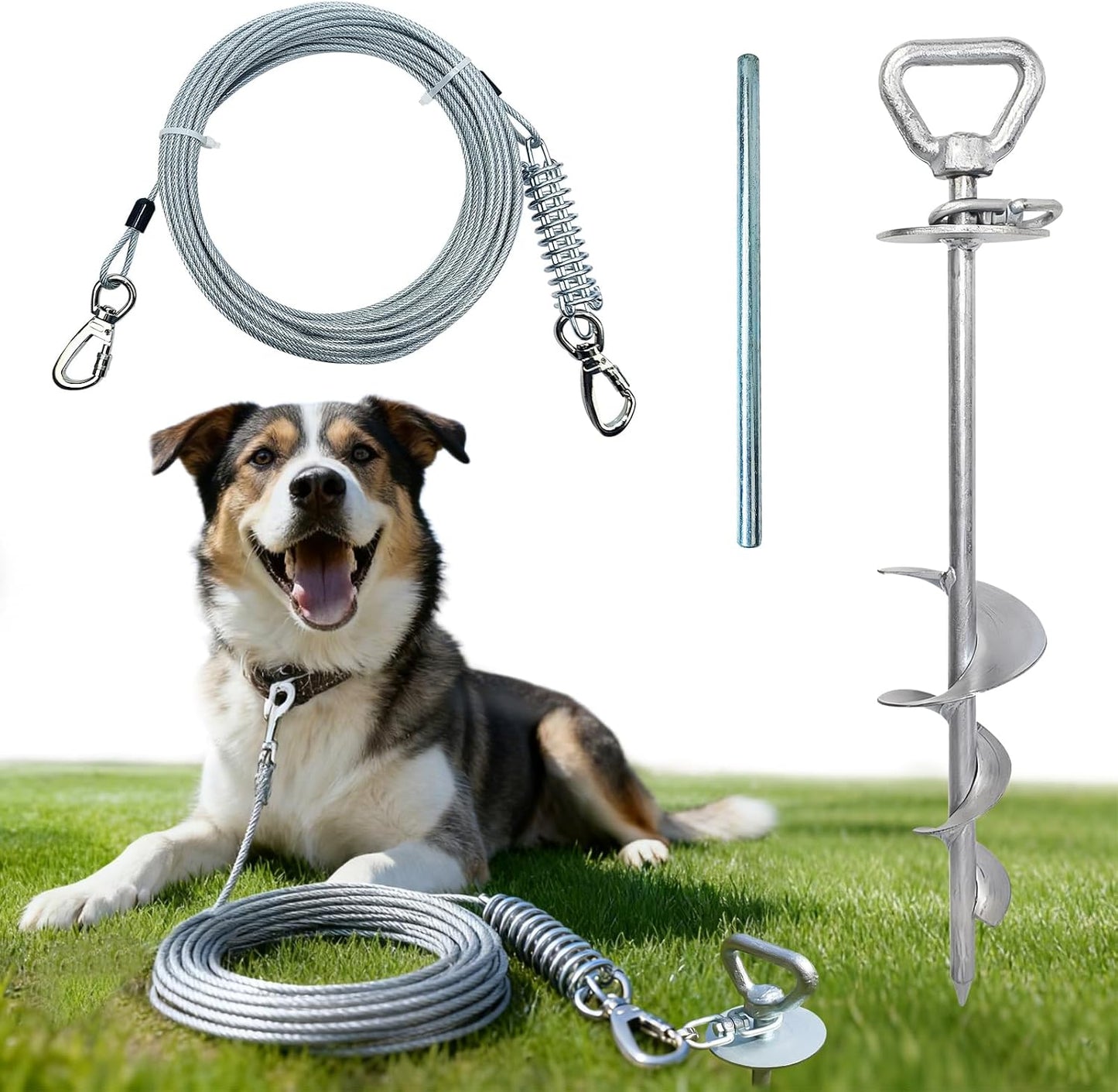 Heavy Duty Dog Tie-Out Cable and Stake for Yard Camping, with 50Ft Heavy Duty Cable with Spring, for Small Medium Large Dogs up to 200 lbs, 360°Swivel Dog Run- No Tangle, Spiral Dog Stake (Set)