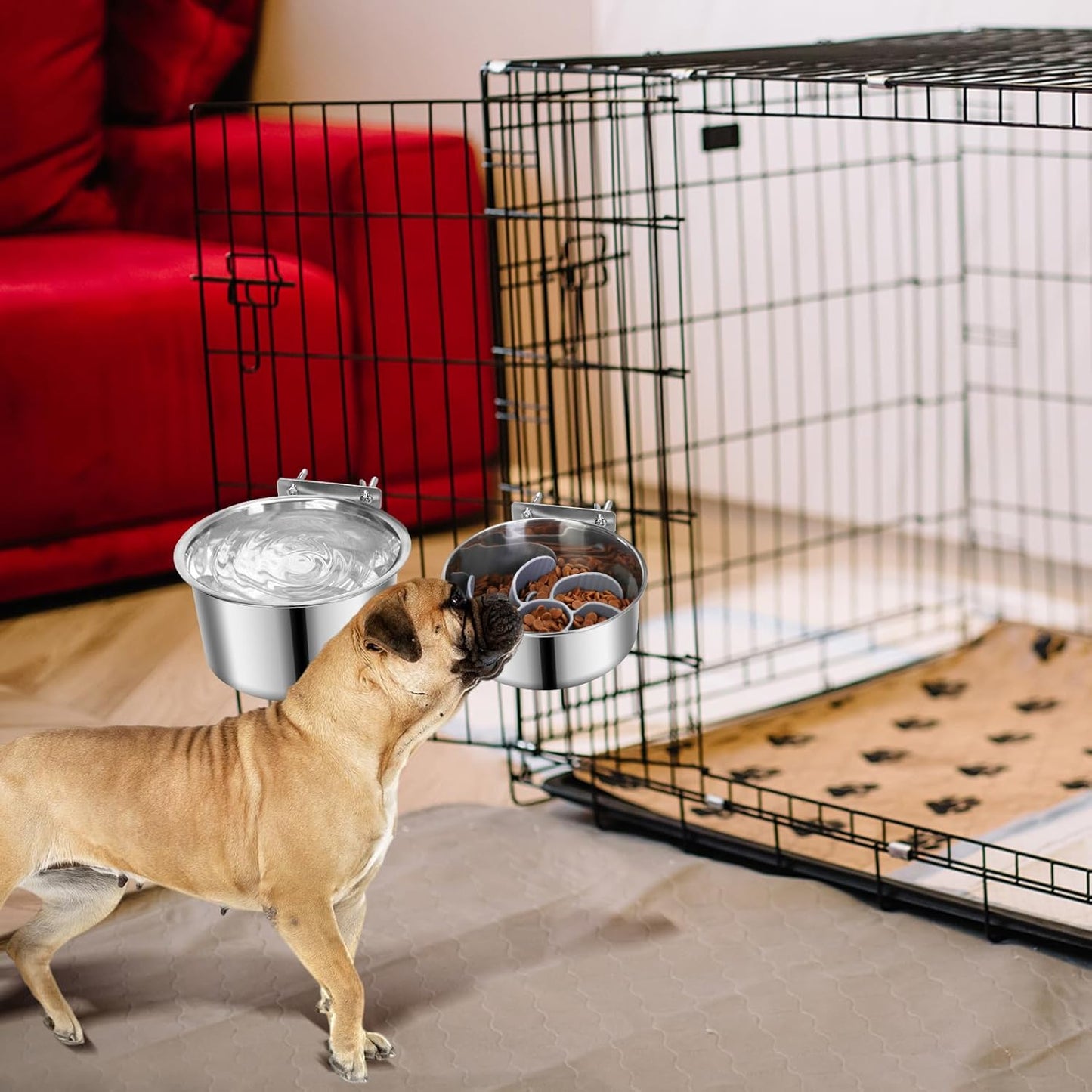 2 Pcs Large Pet Dog Food Water Bowl with Slow Feeder Insert for Cage, Crate Stainless Steel Non-Spill Kennel Hanging Cat Bowls with Clamp Holder for Medium Large Dogs (7.1x3.5'' & 6.3x2.6'')