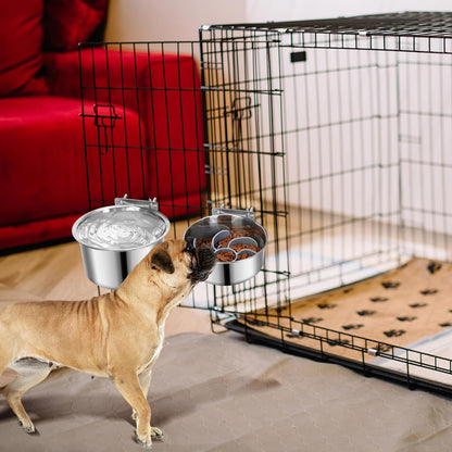 2 Pcs Large Pet Dog Food Water Bowl with Slow Feeder Insert for Cage, Crate Stainless Steel Non-Spill Kennel Hanging Cat Bowls with Clamp Holder for Medium Large Dogs (7.1x3.5'' & 6.3x2.6'')