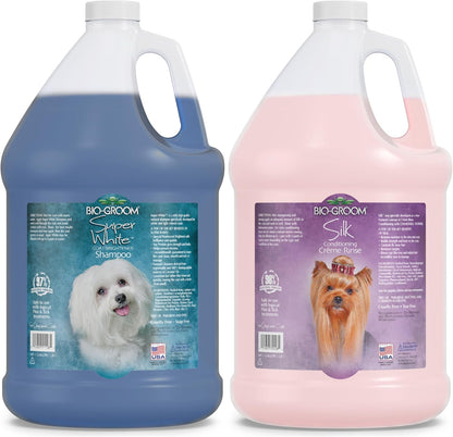 Bio-Groom Super Whitening Dog Shampoo + Silk Creme Rinse Conditioner - Dog & Pet Bathing Supplies, Hair Detangler, Puppy Wash, Grooming Supplies, Cruelty-Free - 1 Gallon Each (Pack of 2)