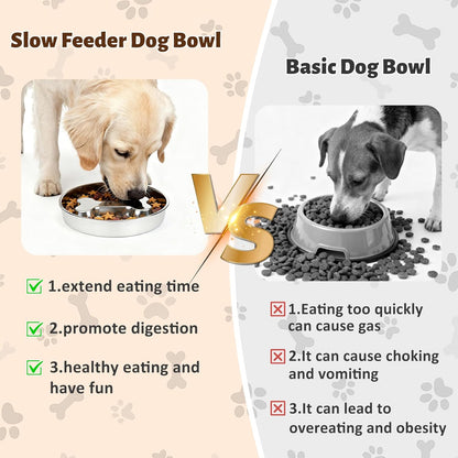 Slow Feeder Dog Bowls, 5 Cups Stainless Steel Metal Slow Feeder for Medium & Big Dogs, Pet Bowl for Fast Eaters, Slows Down Eating, Dishwasher Safe, Anti-Gulping Dog Bowl (2PCS)