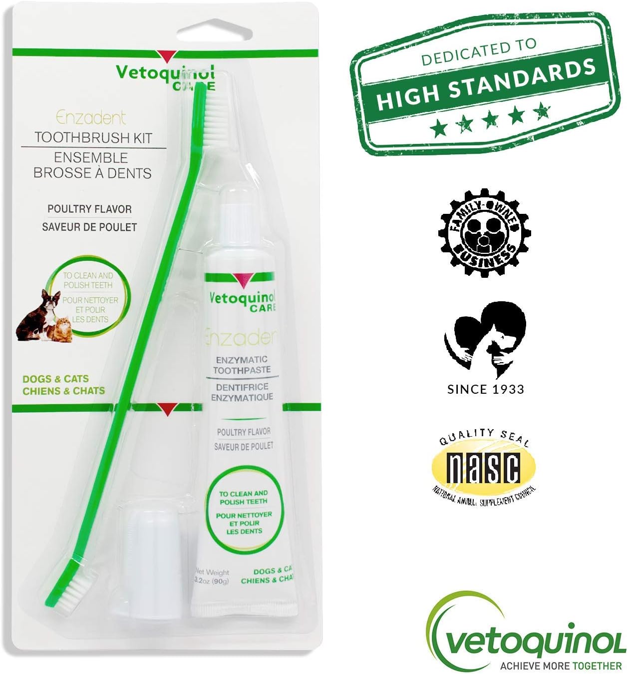 Vetoquinol Enzadent Enzymatic Toothpaste Kit + Fingerbrush & Dual-End Toothbrush for Cats & Dogs – 3.2 oz, Poultry Flavor – Oral Dental Care Kit: Removes Plaque, Polishes Teeth & Freshens Breath