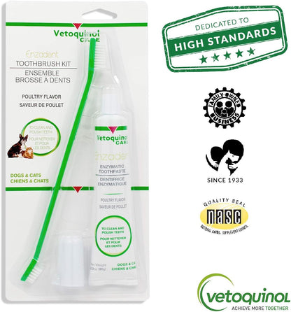 Vetoquinol Enzadent Enzymatic Toothpaste Kit + Fingerbrush & Dual-End Toothbrush for Cats & Dogs – 3.2 oz, Poultry Flavor – Oral Dental Care Kit: Removes Plaque, Polishes Teeth & Freshens Breath