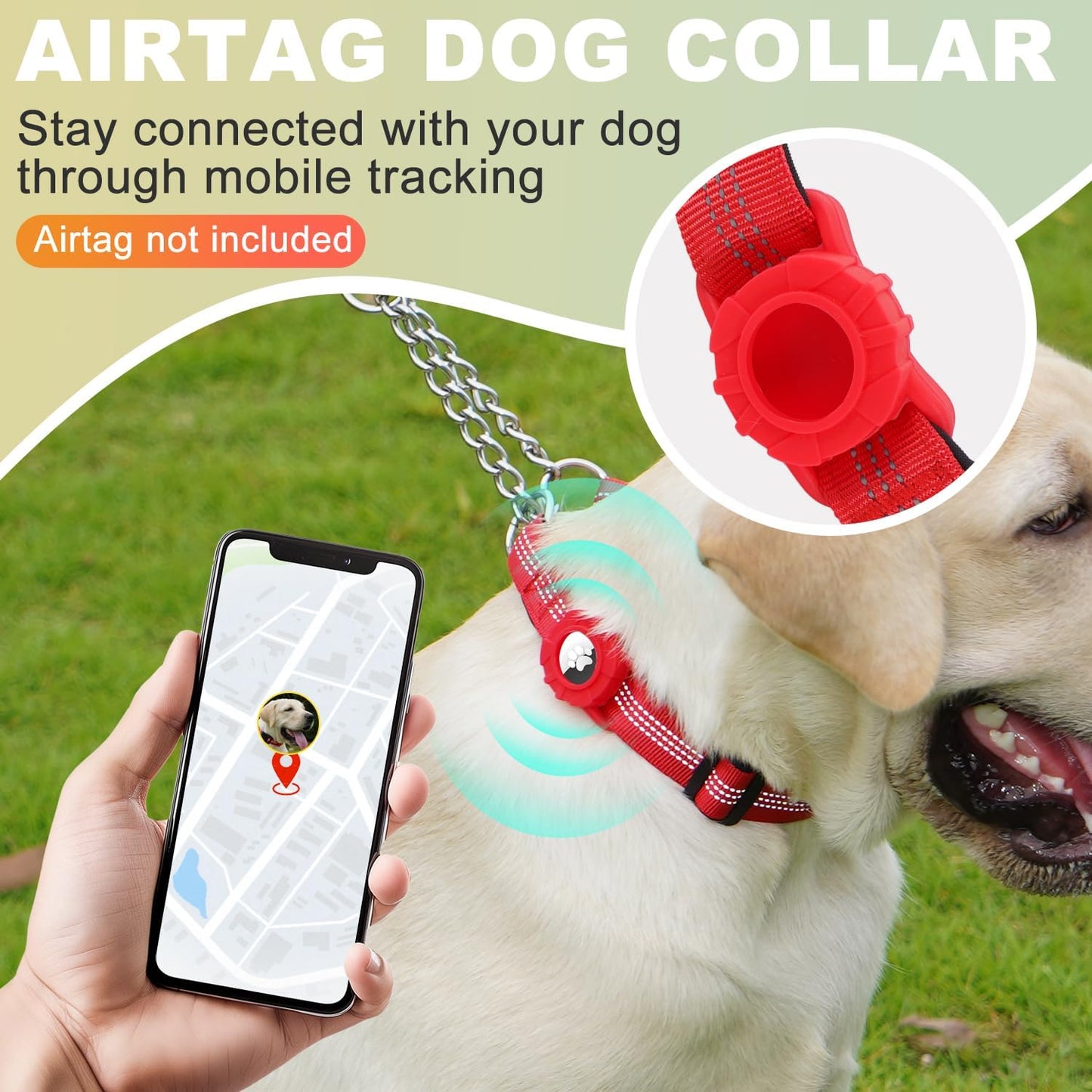 Cymiler Martingale Dog Collar with AirTag Holder, Reflective Nylon Training Collar, Stainless Steel Chain, Heavy Duty Buckle, Limited Slip Collars for Small Medium Large Dogs (Red, Large)