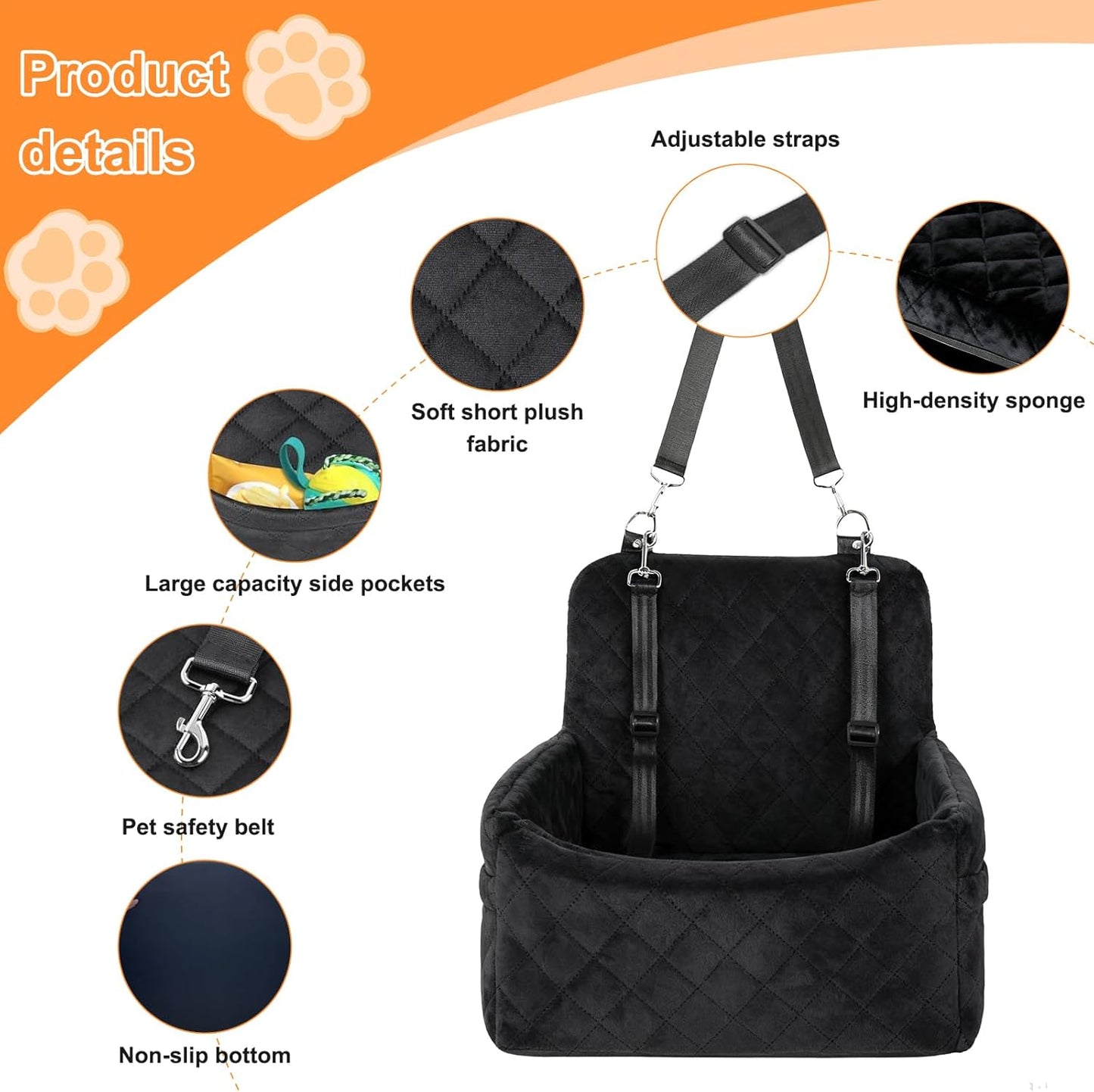 Dog Car Seat for Small/Medium Dogs, Memory Foam Dog Booster Seat up to 35lbs, Detachable Washable Pet Car Seat with Storage Pockets, Portable Pet Travel Bed with Seat Belt, Anti-Slip Base Black