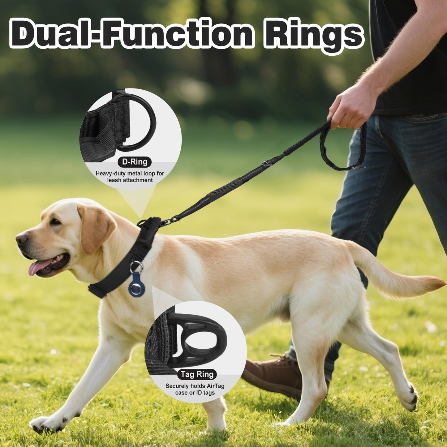 Joytale Heavy Duty Dog Collar with Handle, Adjustable Tactical Military Nylon Collar with Quick Release Metal Buckle for Large Dogs Walking Training, Soft Lining, Dual Rings, AirTag Case, L, Black