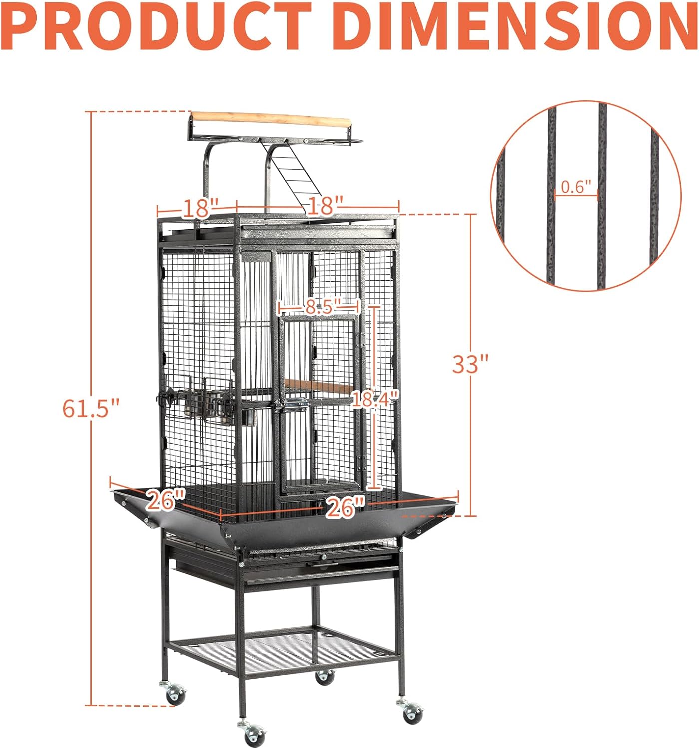 Large Wrought Iron Rolling Bird Cage with Interactive Play Top and Stand for Parrots, Cockatiels, Lovebirds and Medium-Sized Birds