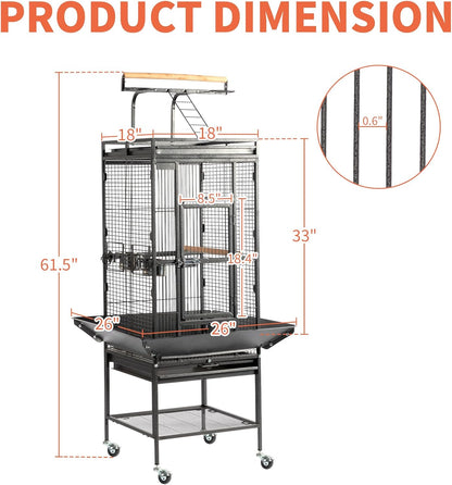 Large Wrought Iron Rolling Bird Cage with Interactive Play Top and Stand for Parrots, Cockatiels, Lovebirds and Medium-Sized Birds