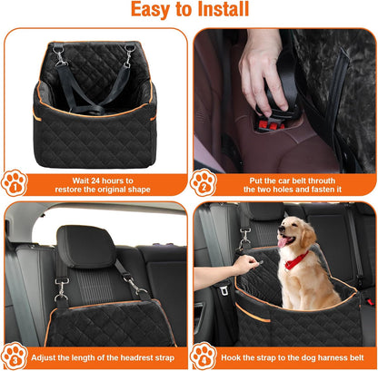 Dog Car Seat for Small Medium Dogs, Dog Carseats with Removable Thick Cushion, Detachable Washable Dog Booster Seat with Storage Pockets & Safety Belt, Soft Safety Pets Car Travel Carrier Bed, Black